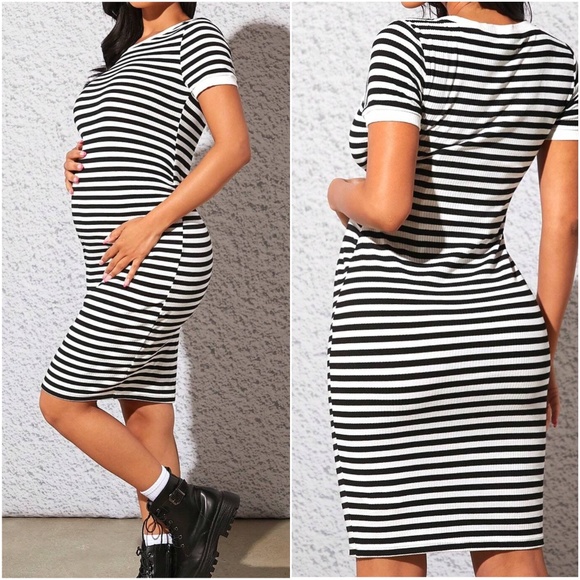 Maternity Striped Fitted Short Sleeve Dress - Picture 5 of 5